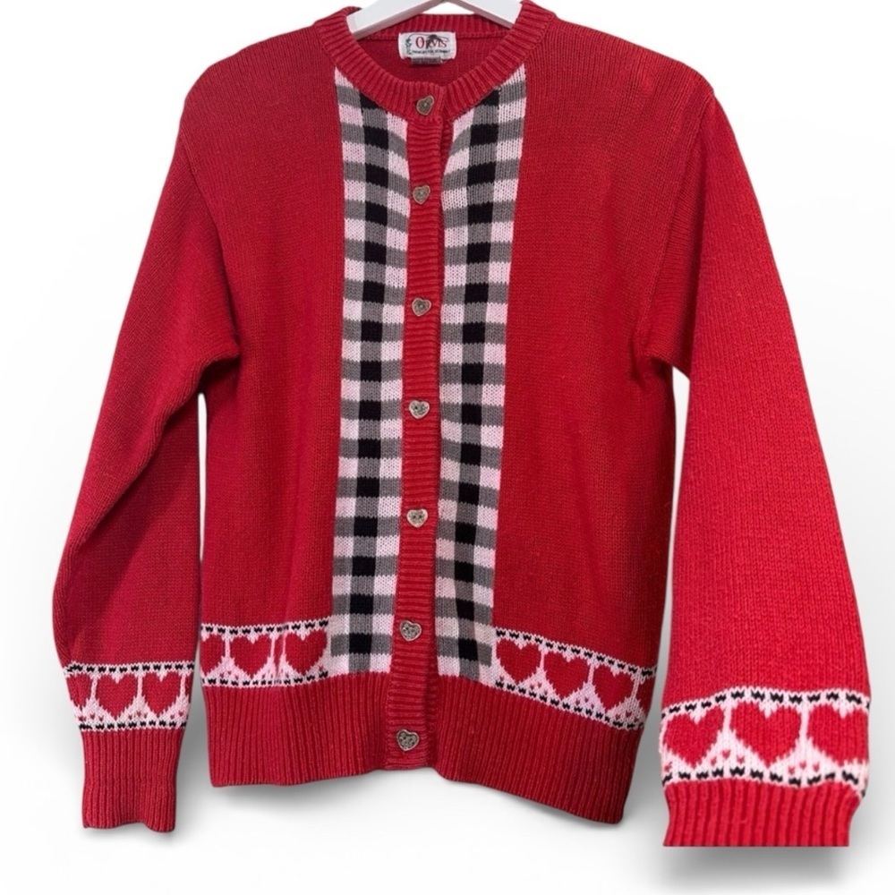 ORVIS Vintage Red Cardigan Sweater Heart Button Gingham Print SMALL Valentines